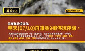 快訊》受到低壓帶及西南風影響！屏東縣9鄉10日停班停課