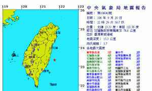 地震快訊》東部海域發生規模5.7有感地震 屏東最大2級-20170920