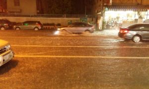 即時》東港豪雨不斷 市區多處水淹半個輪胎